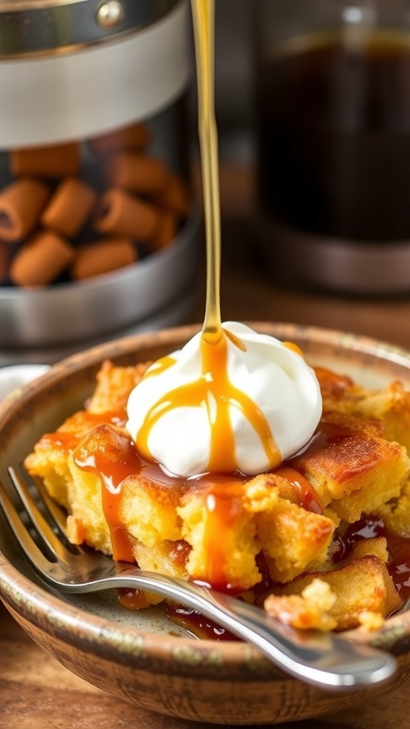 A delicious toffee bread pudding topped with whipped cream and caramel sauce, served in a rustic bowl.